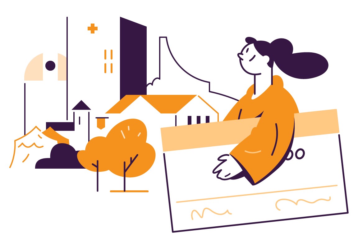 Illustrasjon av kvinne som b&aelig;rer p&aring; en pengesjekk, Skal illustrere stiftelser.