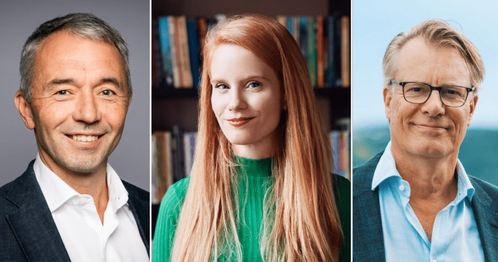 Portrettbilde av André Støylen, Susanne Kaluza og Johan Andresen som er blant foredragshaldarane som står på scena under konferansen i Førde i april.