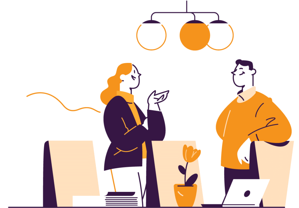 Illustrasjon som viser mann og kvinne som diskuterer i et styrerom.