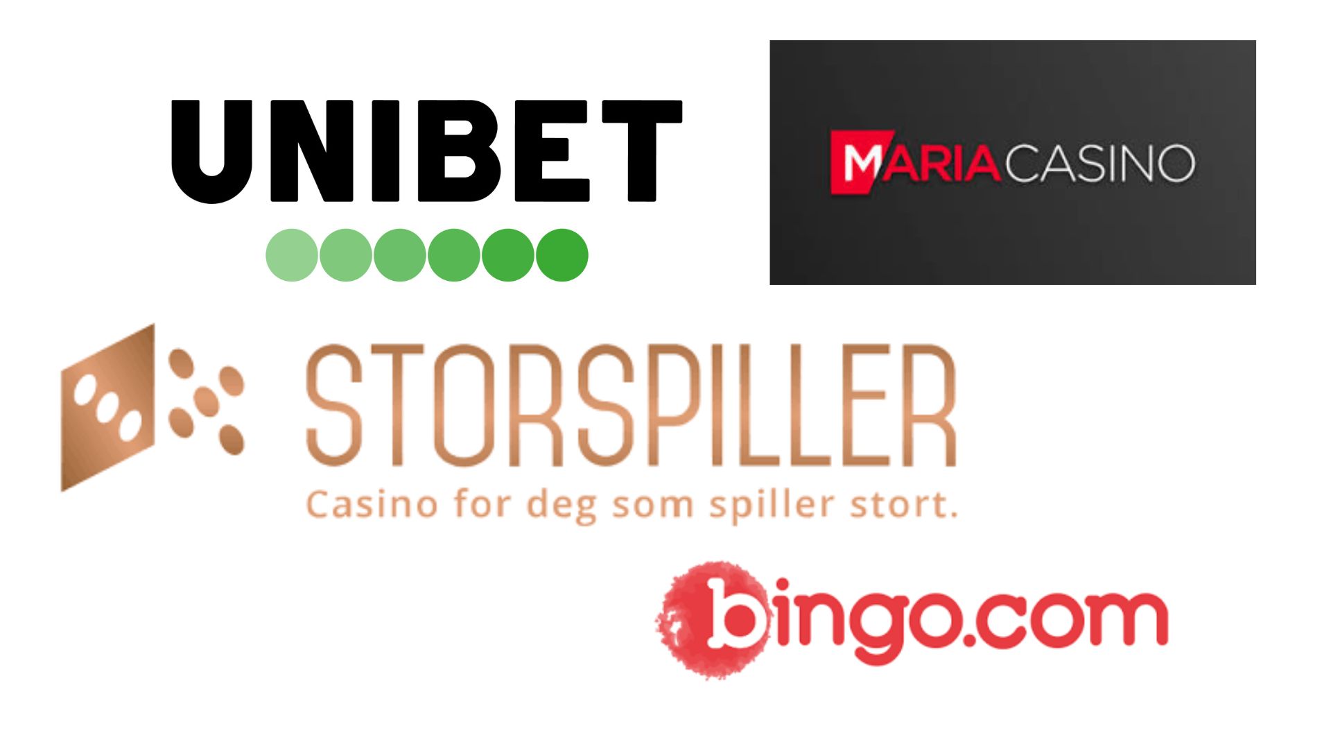 Bilde av ulovlige spillselskapers logoer. Unibet, Storspiller, Bingo.com og Maria Casino